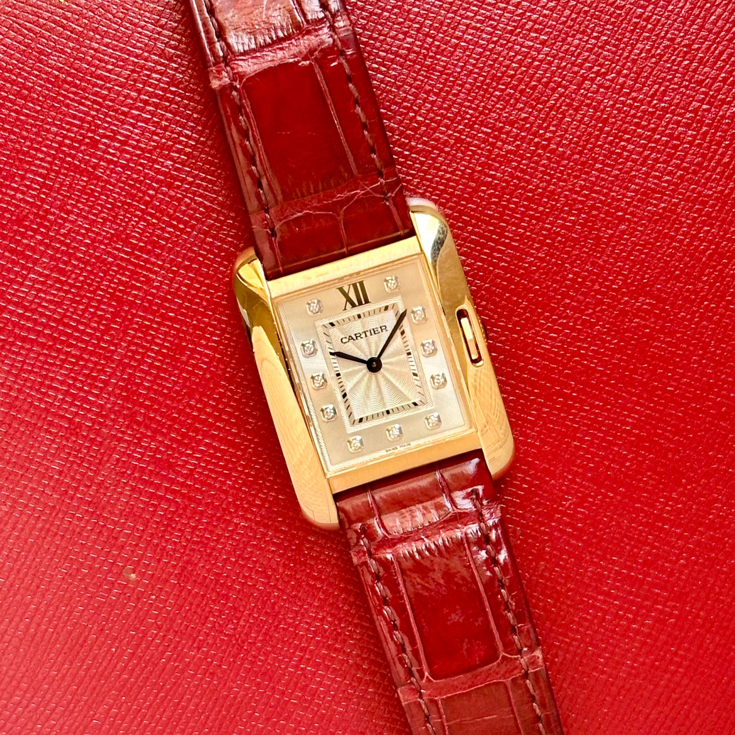 Tank Anglaise 18K Rose Gold Silver Guilloché Diamond Dial Ref WJTA0007