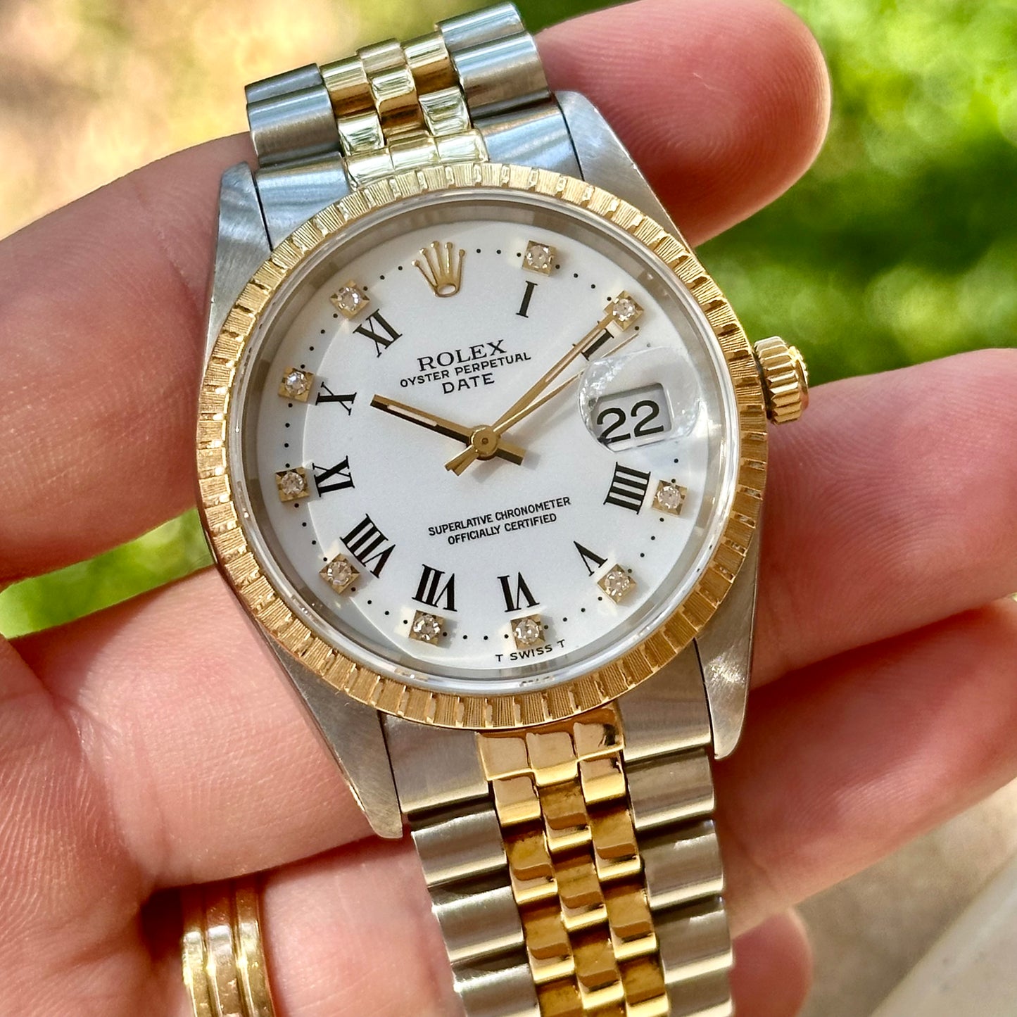 Oyster Perpetual Date 18K Yellow Gold White Buckley Diamond Ref 15233G 1991