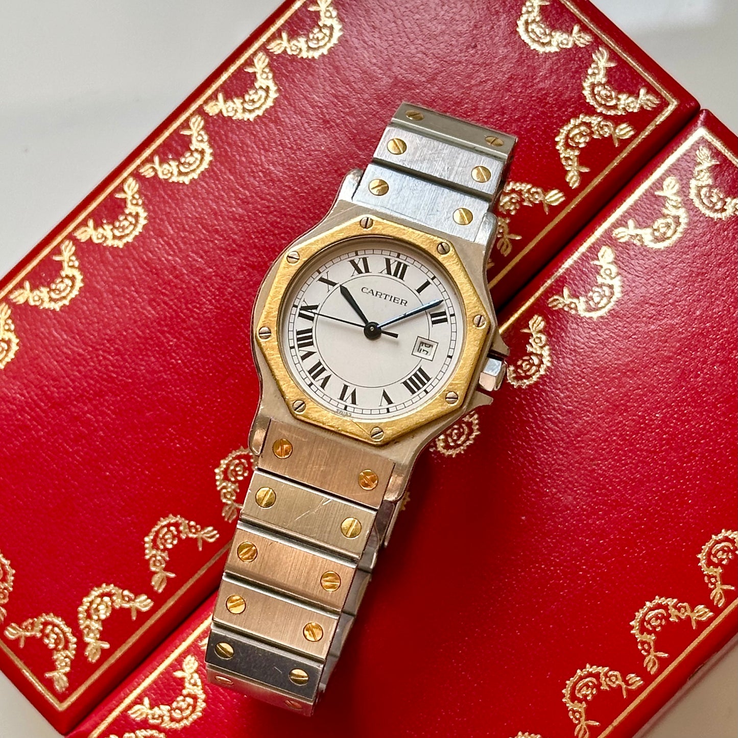 Santos Octagon White Romans 18K Yellow Gold Ref 2966 1990