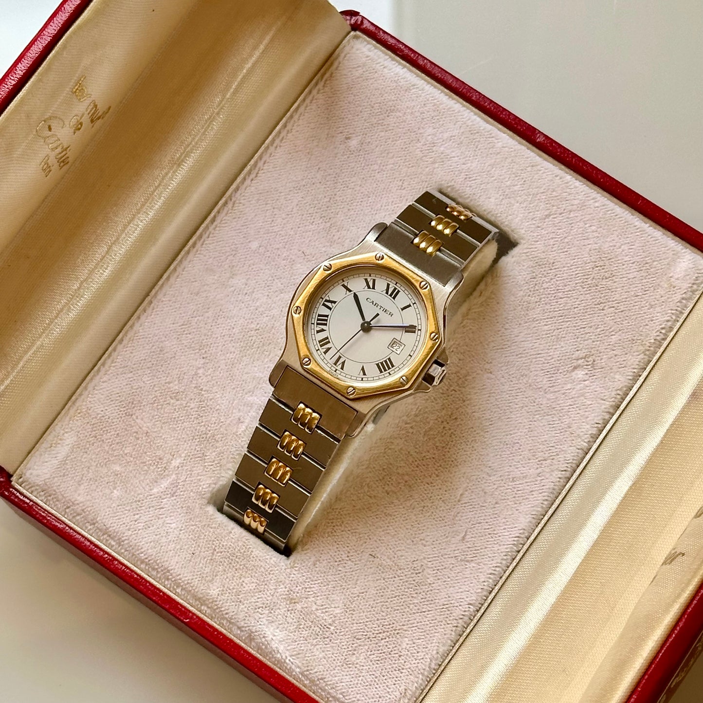 Santos Octagon White Romans 18K Yellow Gold Ref 2966 1990