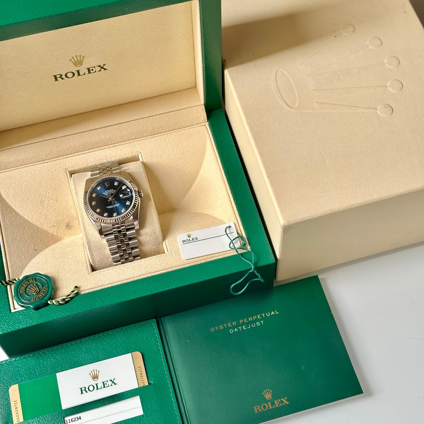 Datejust 36 Blue Diamond Dial Super Jubilee 18K White Gold Ref 116234 2016