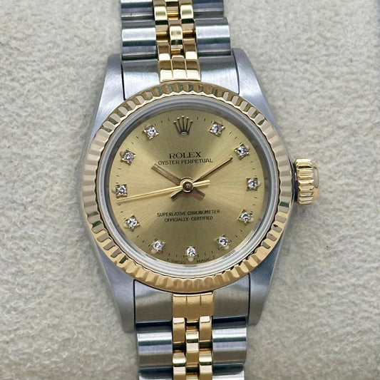 Oyster Perpetual 26 Champagne Diamond Dial 18K Yellow Gold Ref 67193 1991