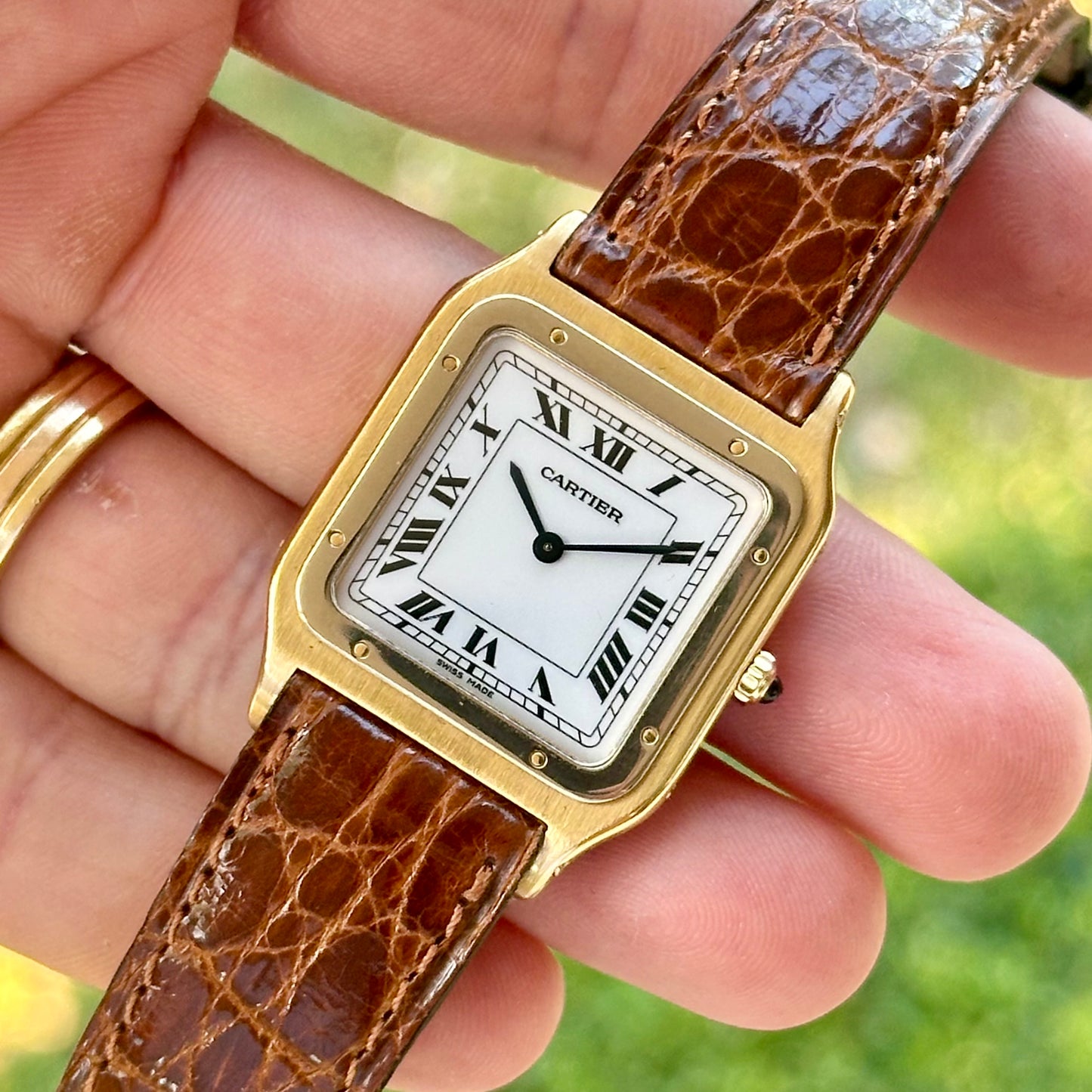 Santos Dumont 18K Yellow Gold Manual Winding White Romans Ref 96061 1990