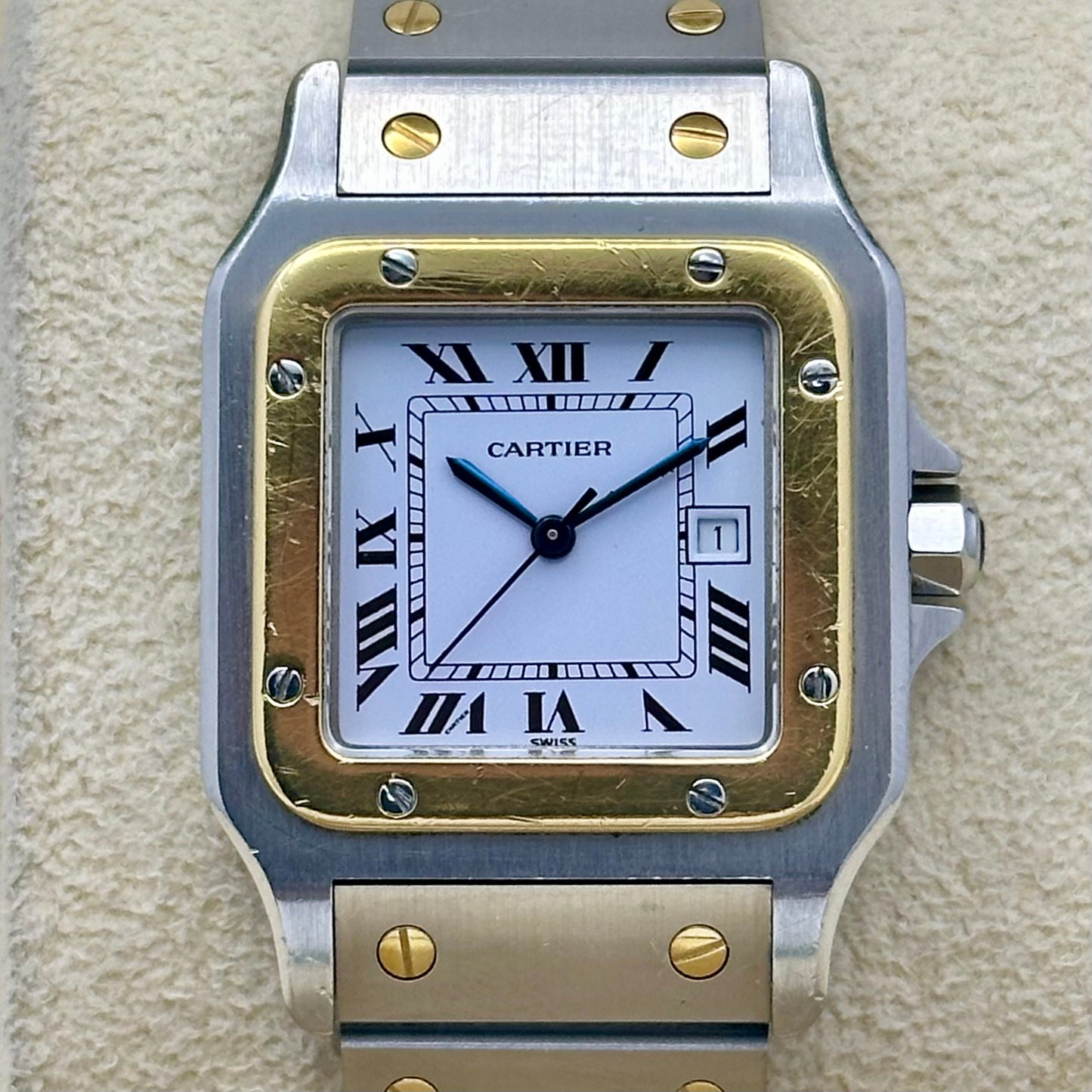 (ON HOLD) Santos Carrée Large White Romans 18K Yellow Gold Ref 2961 1986