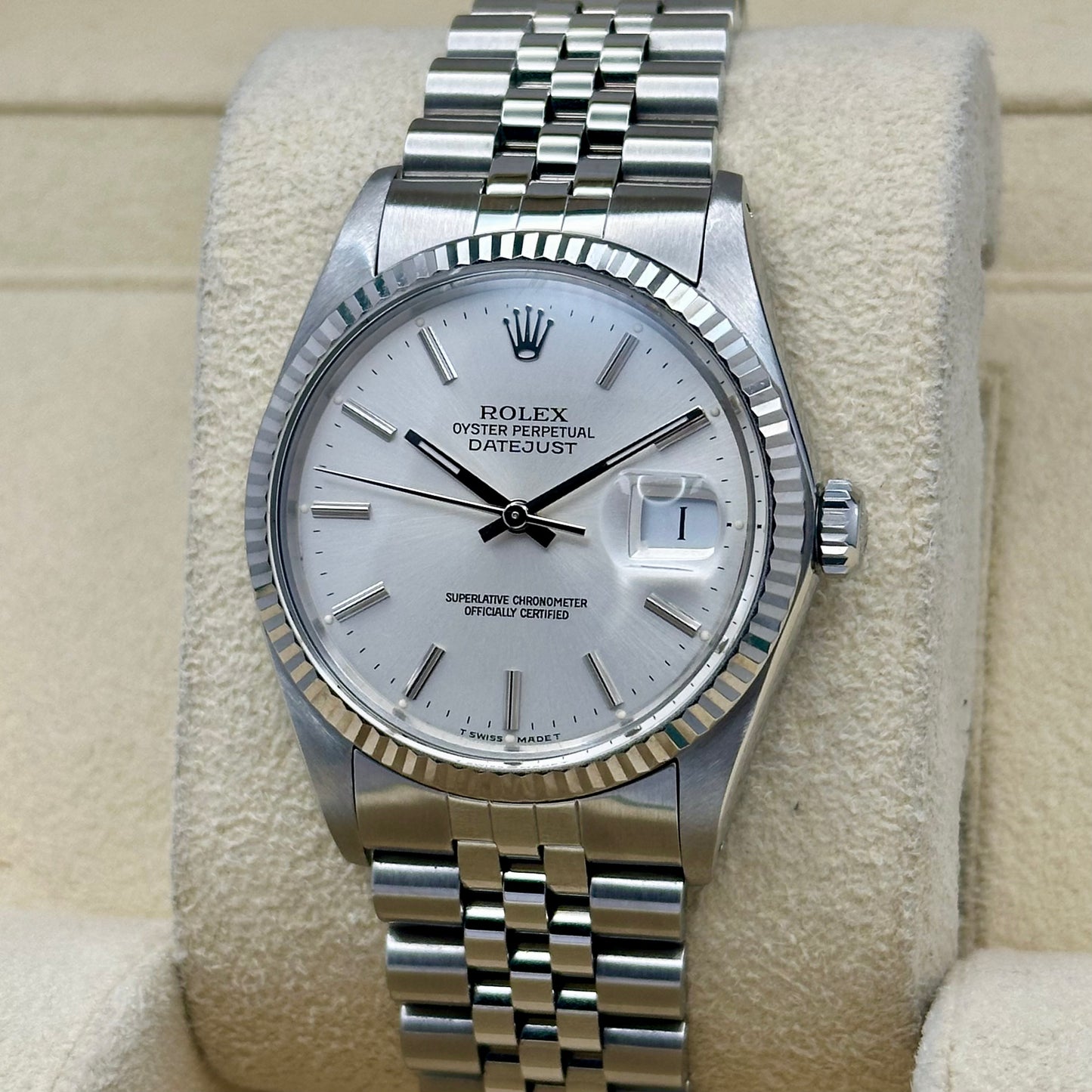 Datejust 36 Sunburst Silver 18K White Gold Ref 16014 1988