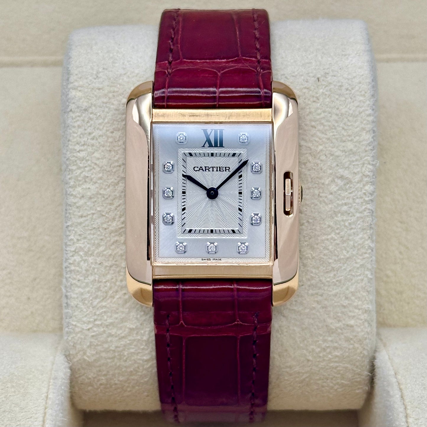 Tank Anglaise 18K Rose Gold Silver Guilloché Diamond Dial Ref WJTA0007