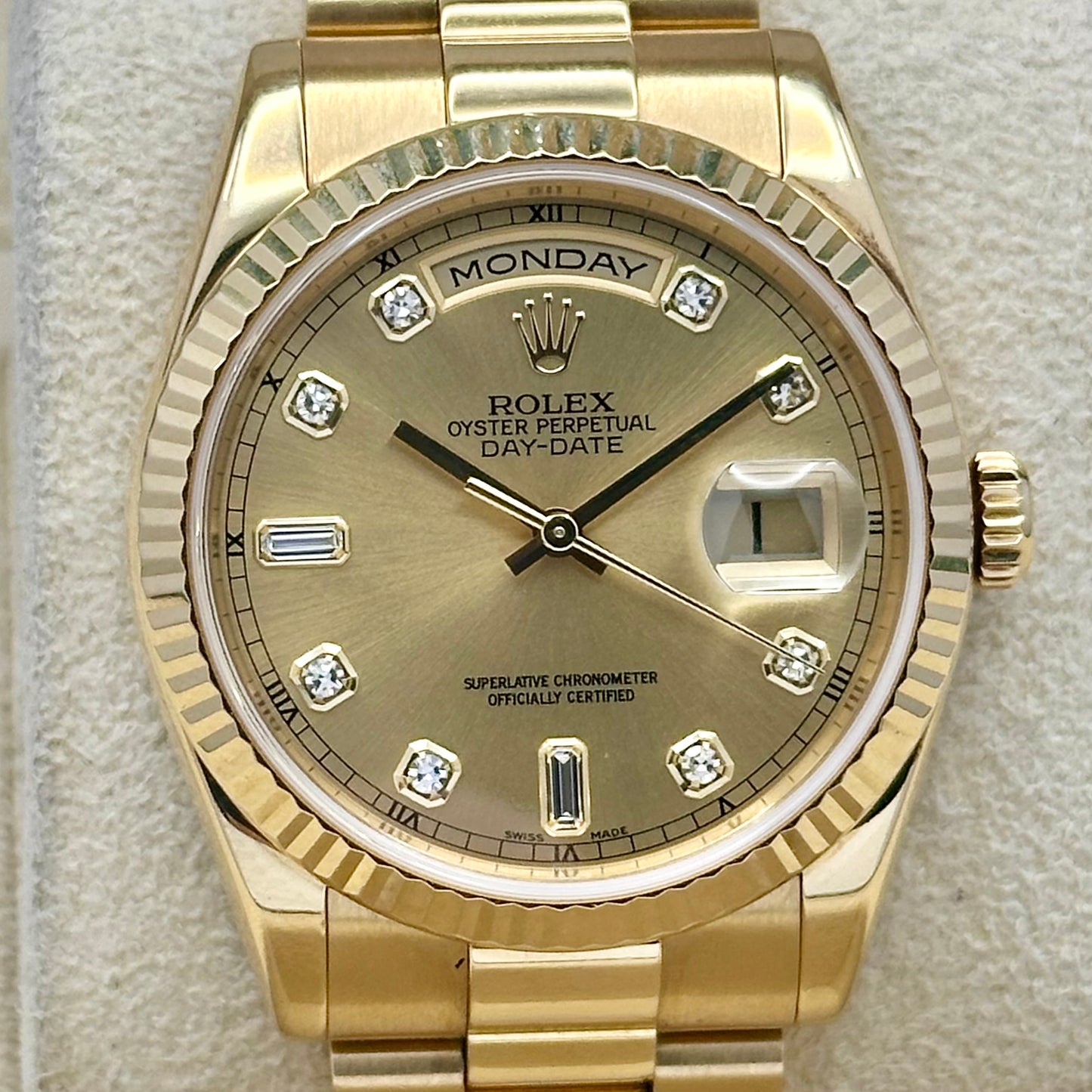 Day-Date 36 Champagne Baguettes 18K Yellow Gold Ref 118238 2005