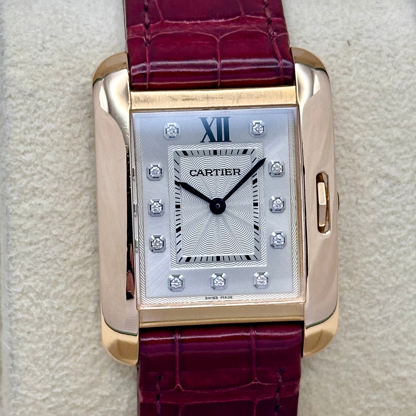 Tank Anglaise 18K Rose Gold Silver Guilloché Diamond Dial Ref WJTA0007