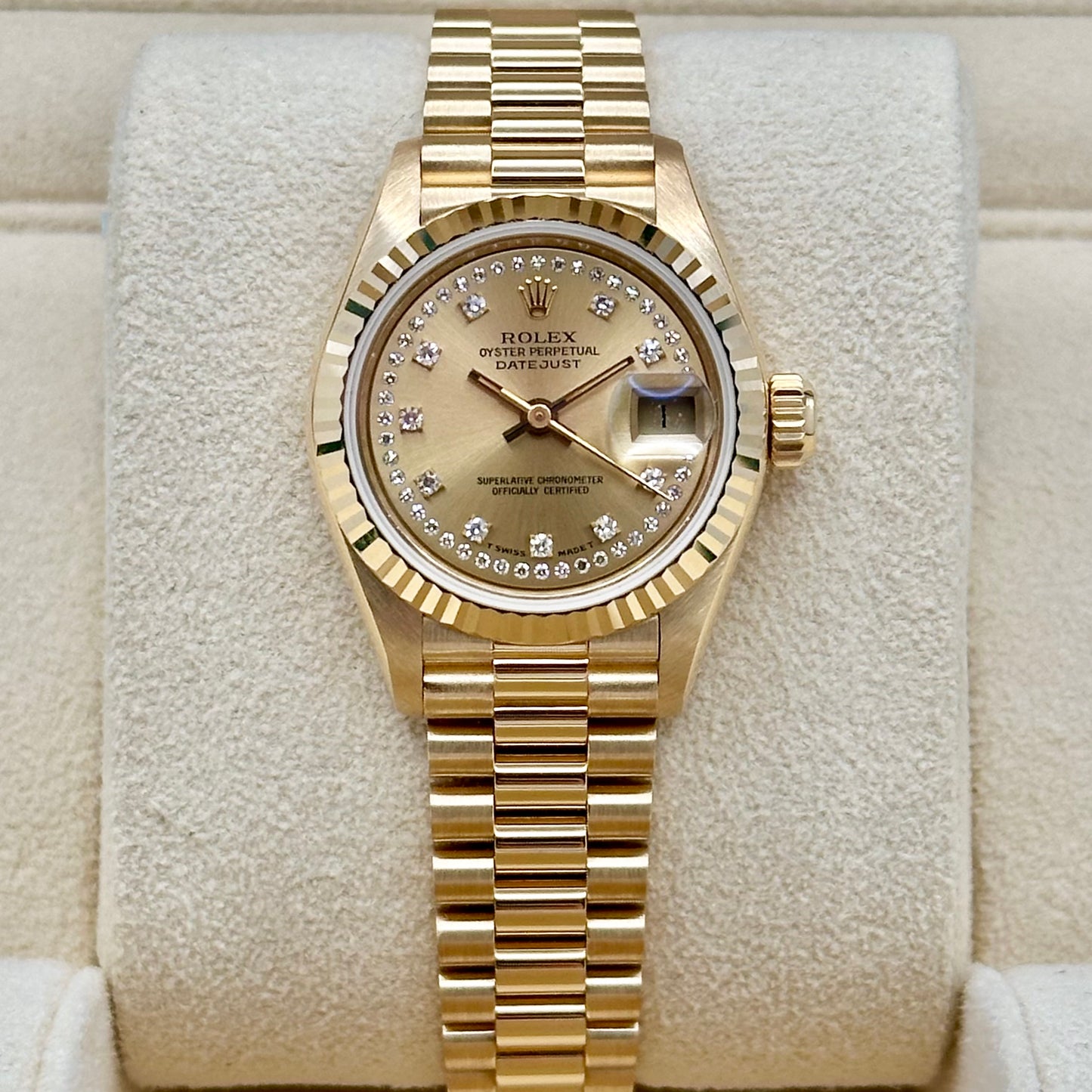 Lady-Datejust 26 Champagne String Diamond 18K Yellow Gold President Ref 69178