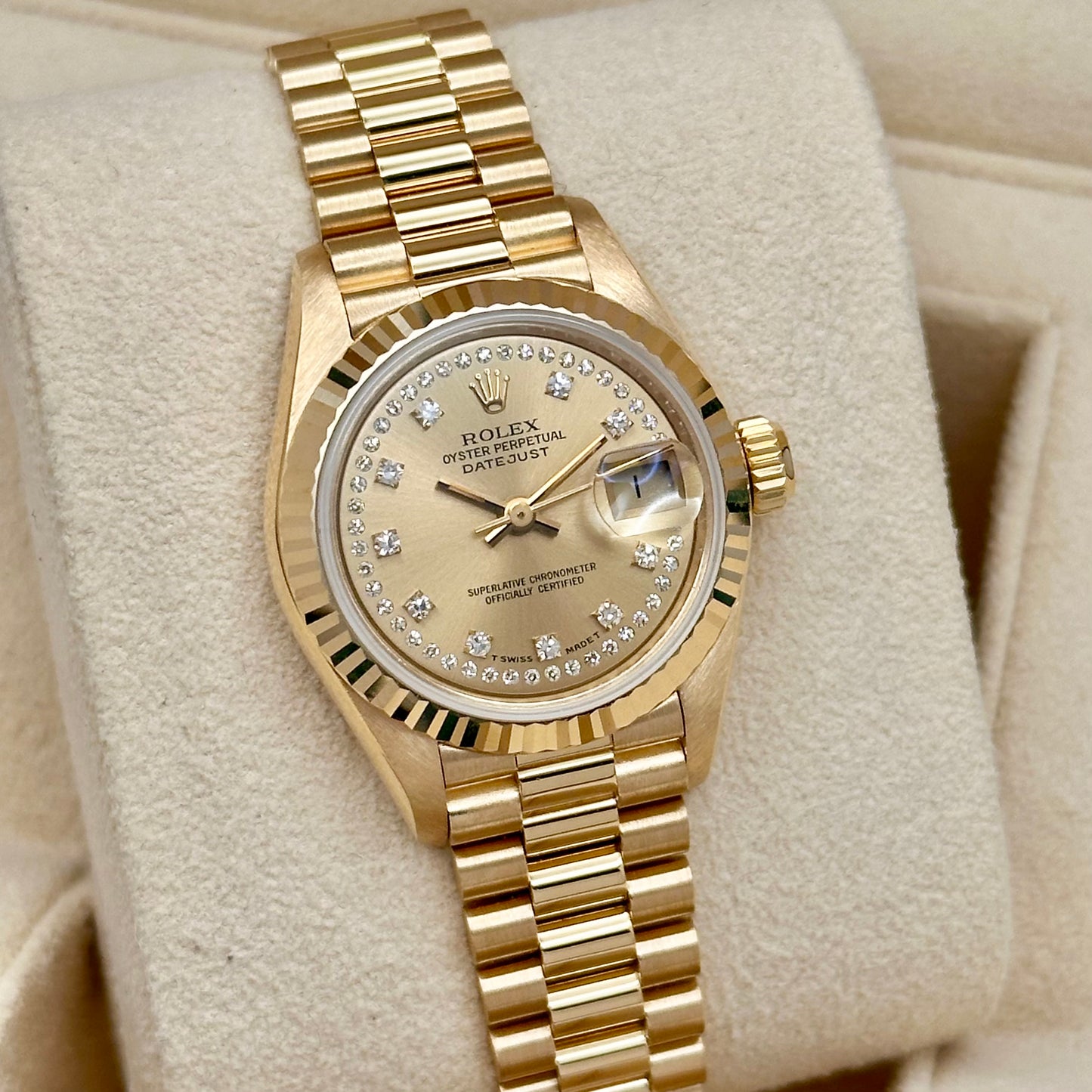 Lady-Datejust 26 Champagne String Diamond 18K Yellow Gold President Ref 69178