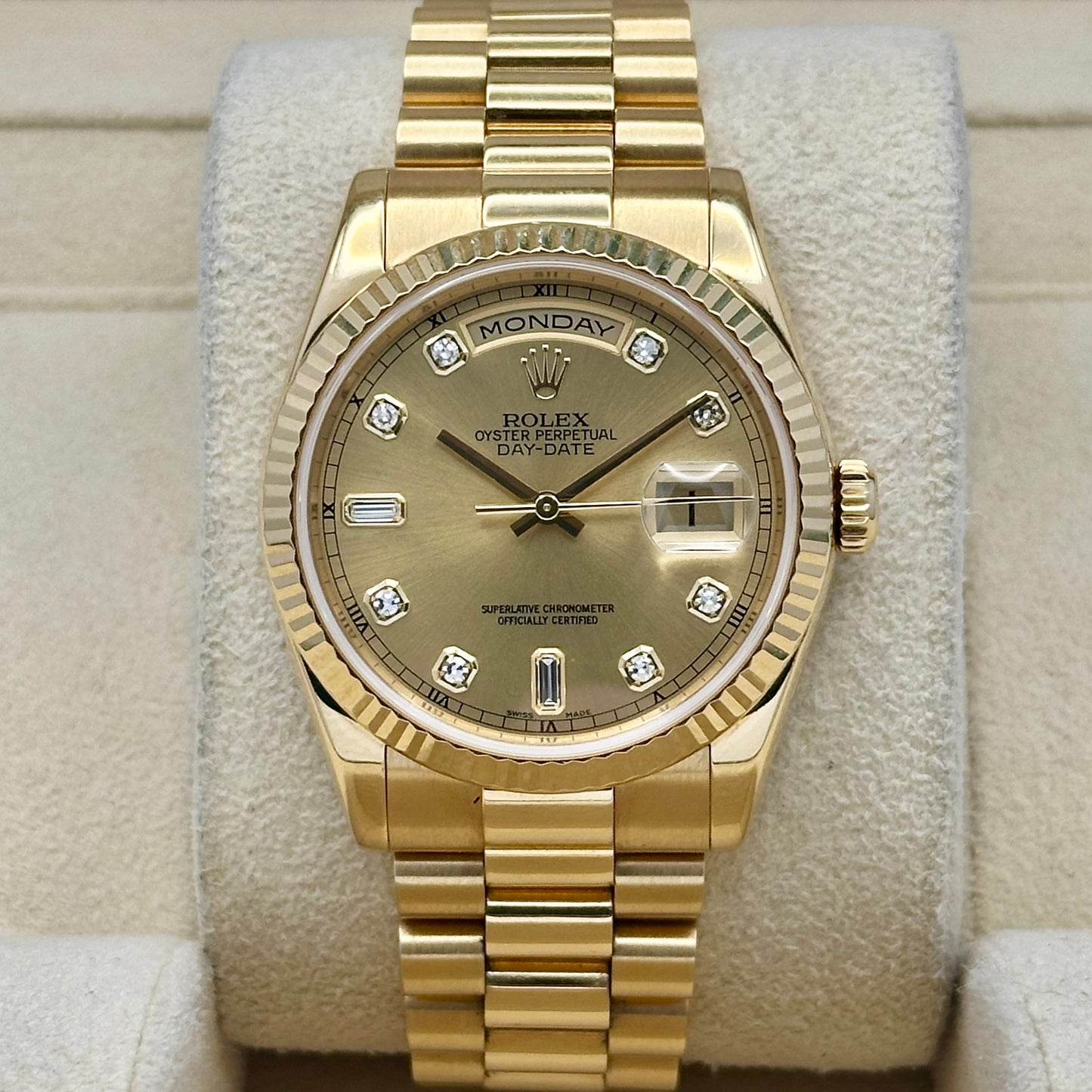 Day-Date 36 Champagne Baguettes 18K Yellow Gold Ref 118238 2005
