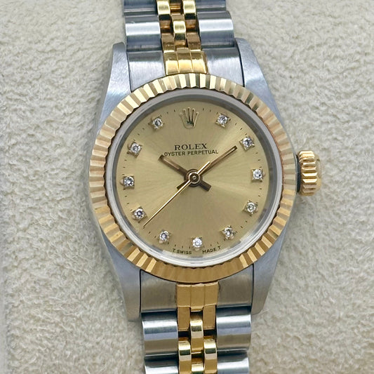 Oyster Perpetual 26 Champagne Diamond Dial 18K Yellow Gold Ref 67193 1991