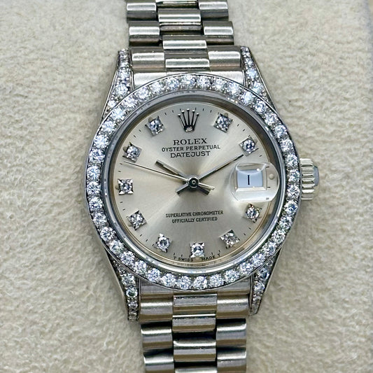 Lady-Datejust 26 President 18K White Gold Silver Diamond Dial Factory Diamond Set Ref 69159G