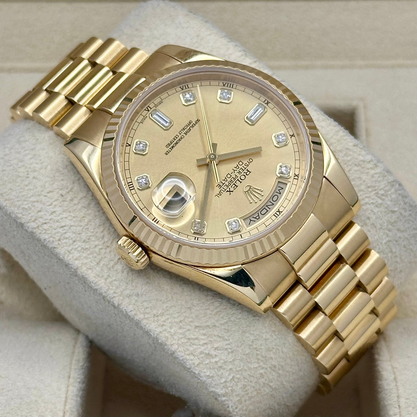 Day-Date 36 Champagne Baguettes 18K Yellow Gold Ref 118238 2005