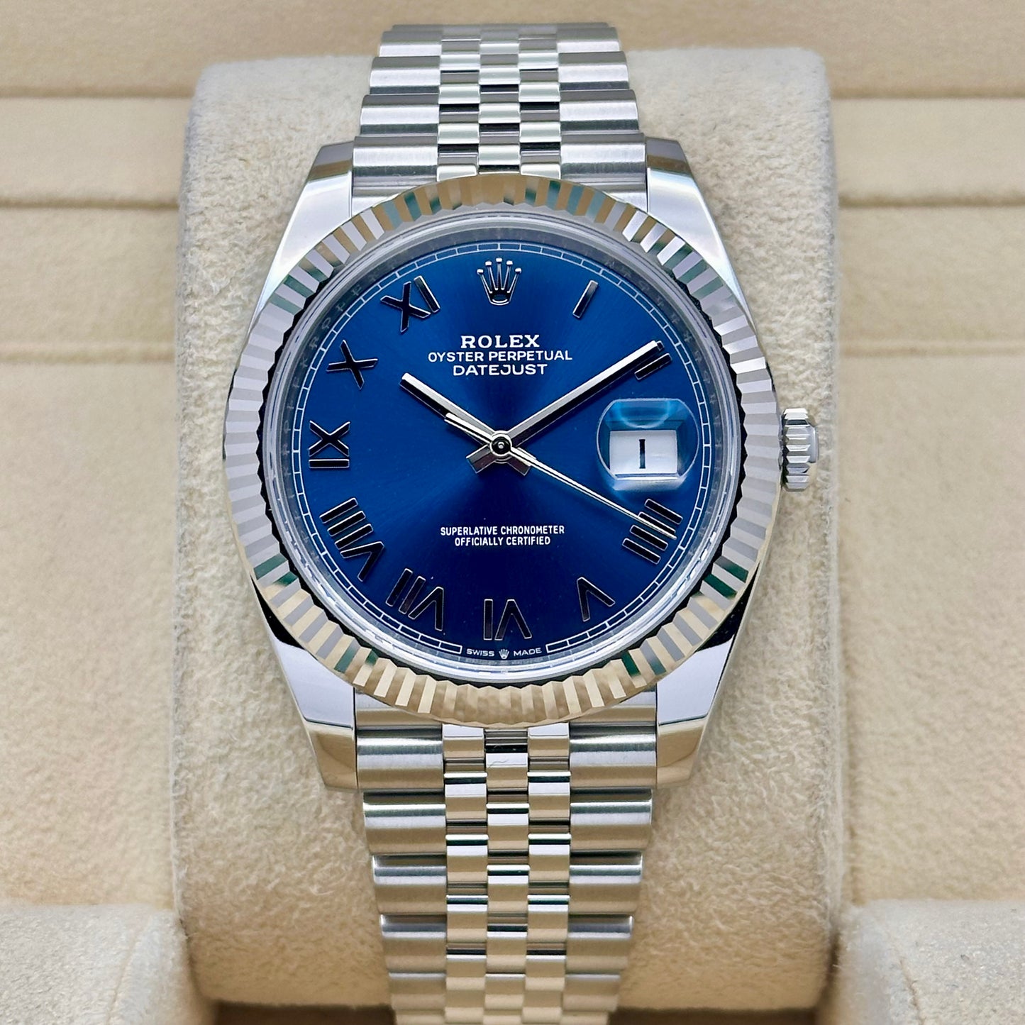 Datejust 41 Sunburst Blue Romans 18K White Gold Ref 126334 2026