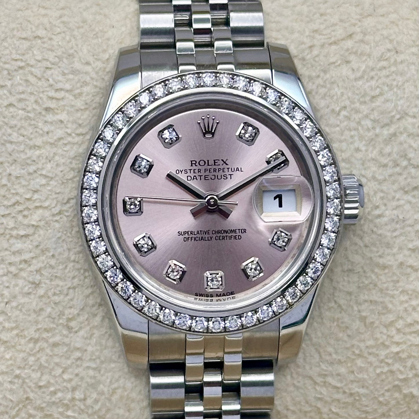Lady-Datejust 26 Factory Diamond Bezel Sunburst Pink Diamond Dial Ref 179384 2015