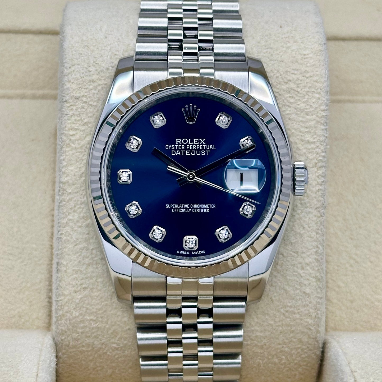 Datejust 36 Blue Diamond Dial Super Jubilee 18K White Gold Ref 116234 2016
