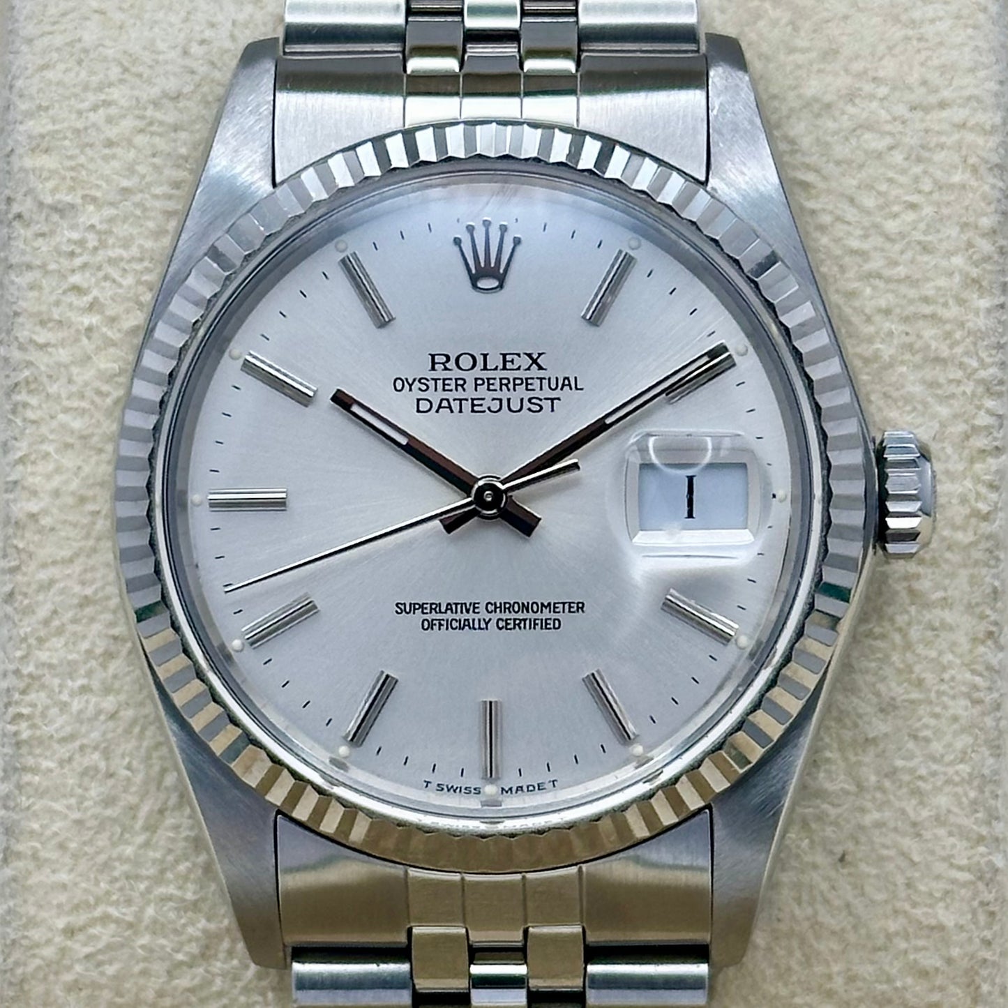 Datejust 36 Sunburst Silver 18K White Gold Ref 16014 1988