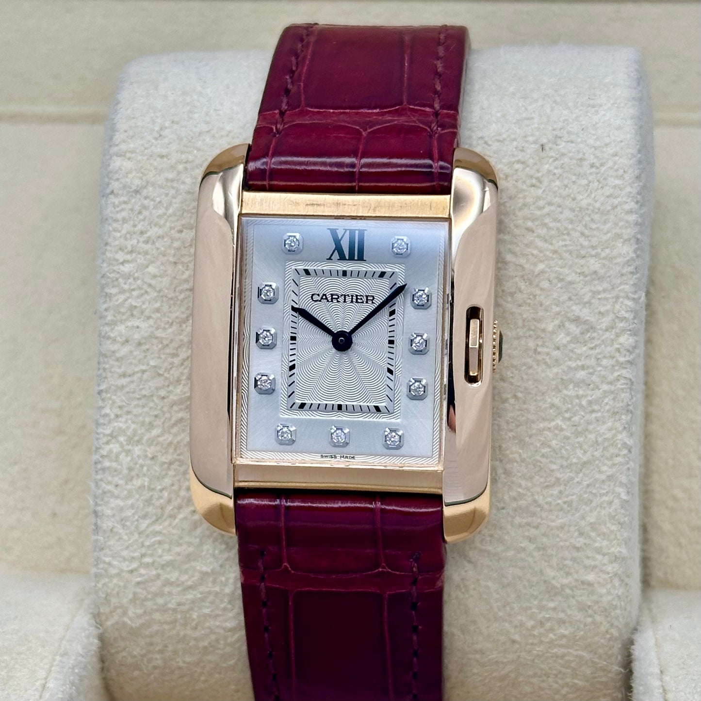 Tank Anglaise 18K Rose Gold Silver Guilloché Diamond Dial Ref WJTA0007