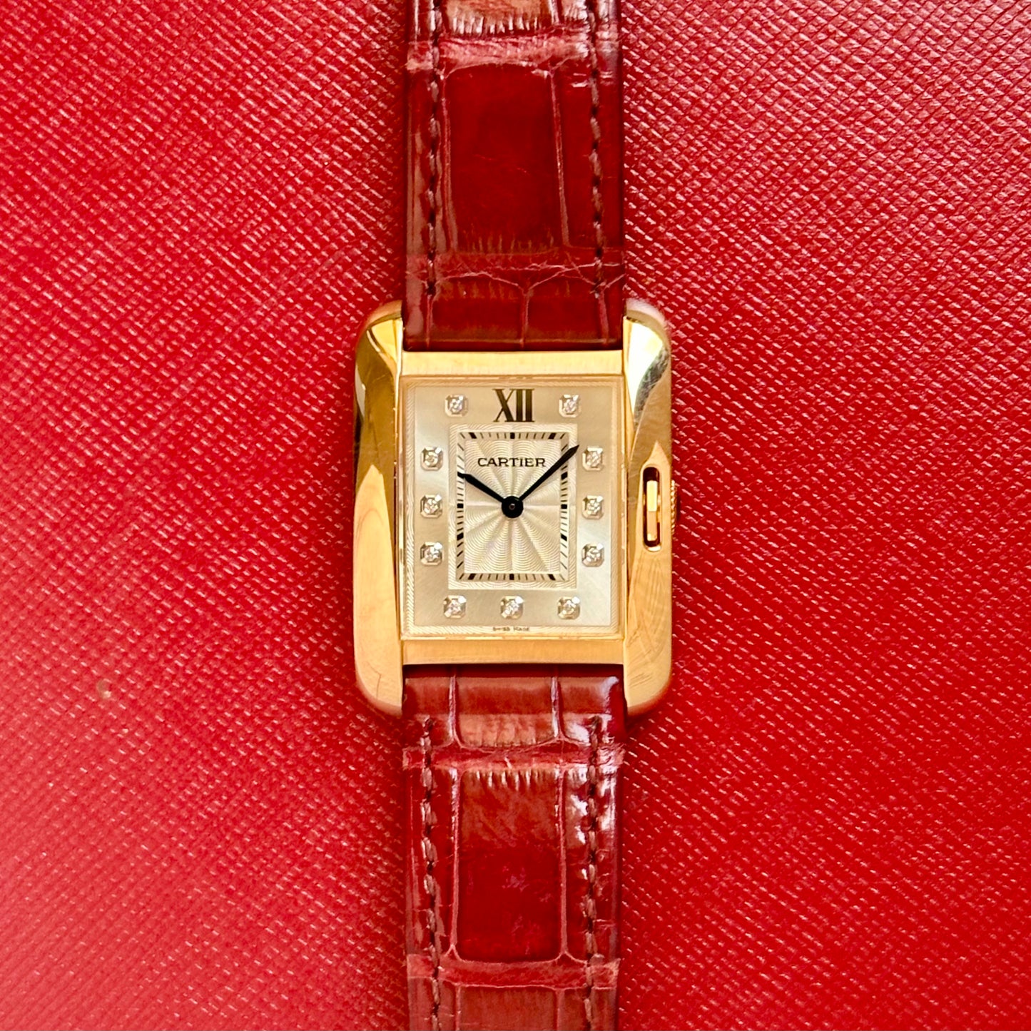 Tank Anglaise 18K Rose Gold Silver Guilloché Diamond Dial Ref WJTA0007