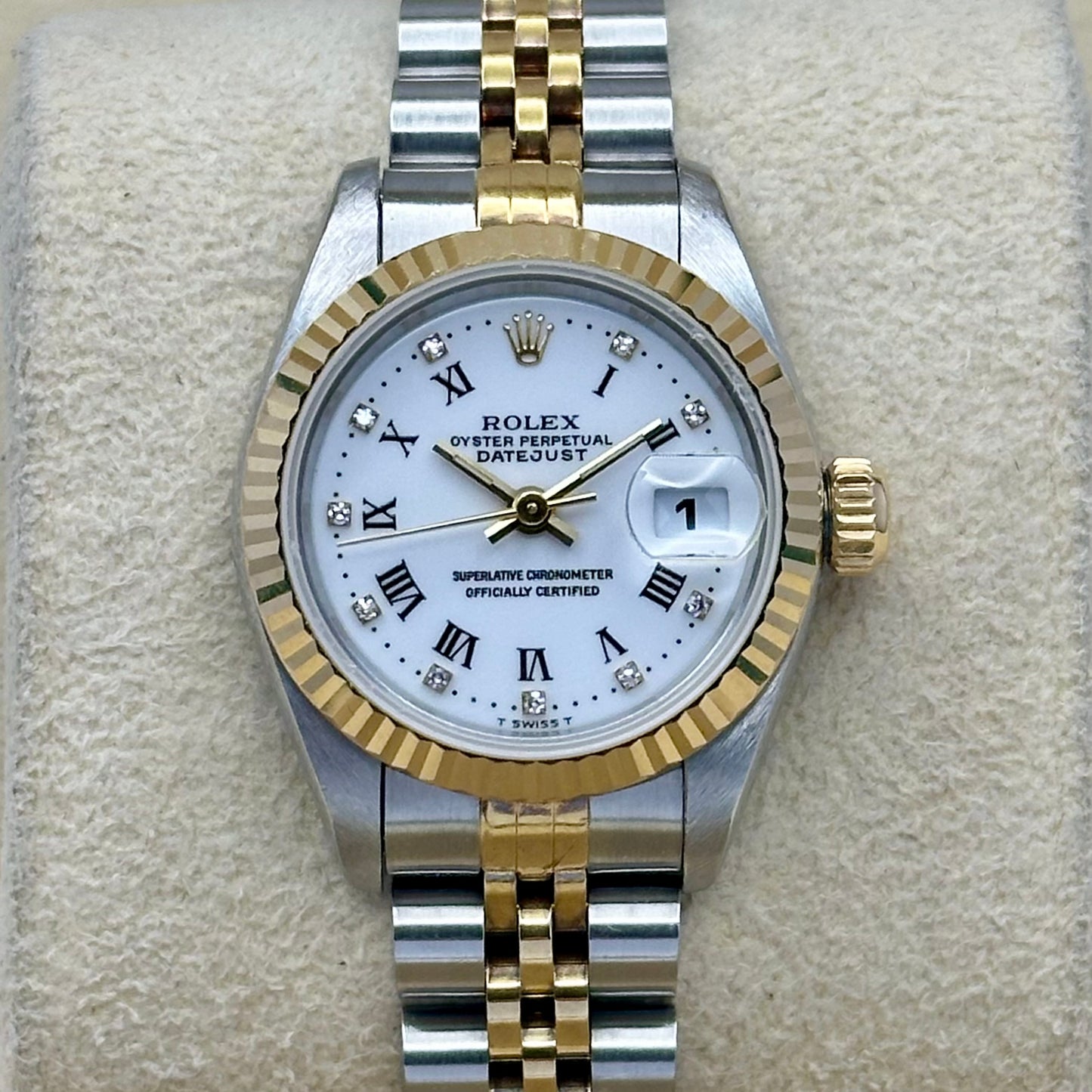 Lady-Datejust 26 White Buckley Diamond Dial 18K Yellow Gold Two Tone Ref 69173G 1995