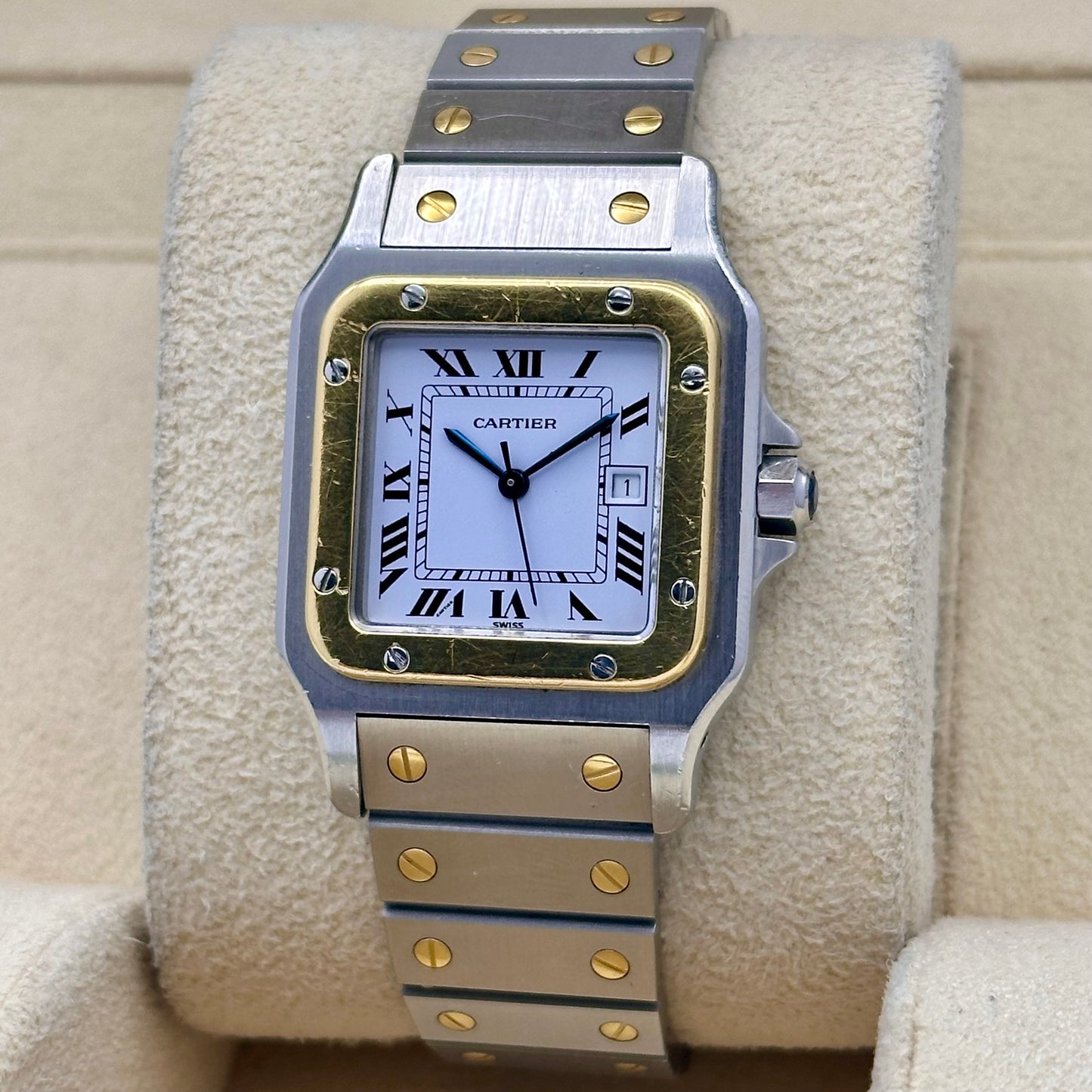 (ON HOLD) Santos Carrée Large White Romans 18K Yellow Gold Ref 2961 1986