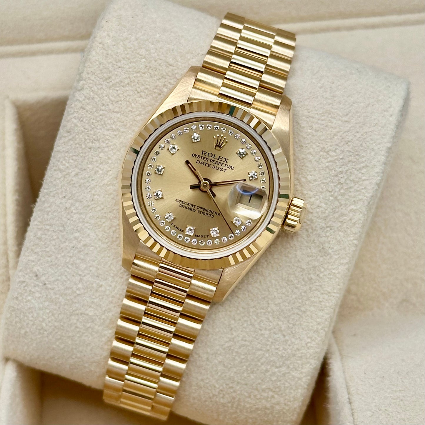 Lady-Datejust 26 Champagne String Diamond 18K Yellow Gold President Ref 69178