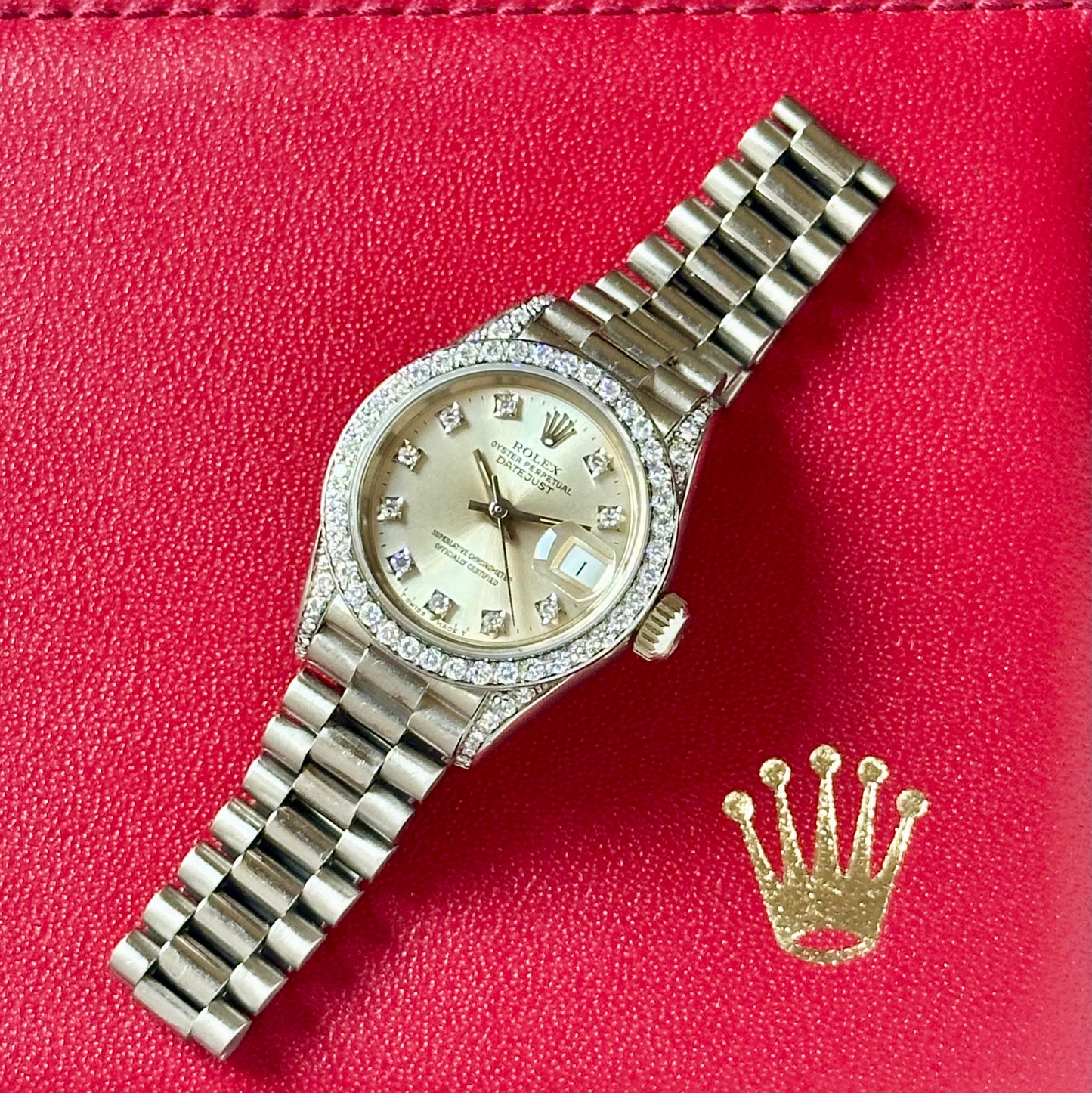 Lady-Datejust 26 President 18K White Gold Silver Diamond Dial Factory Diamond Set Ref 69159G