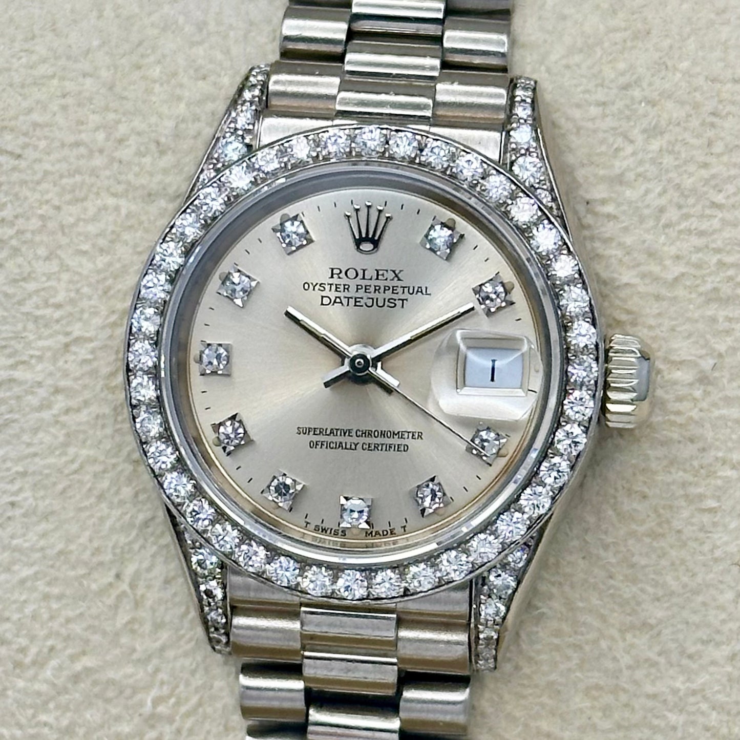 Lady-Datejust 26 President 18K White Gold Silver Diamond Dial Factory Diamond Set Ref 69159G