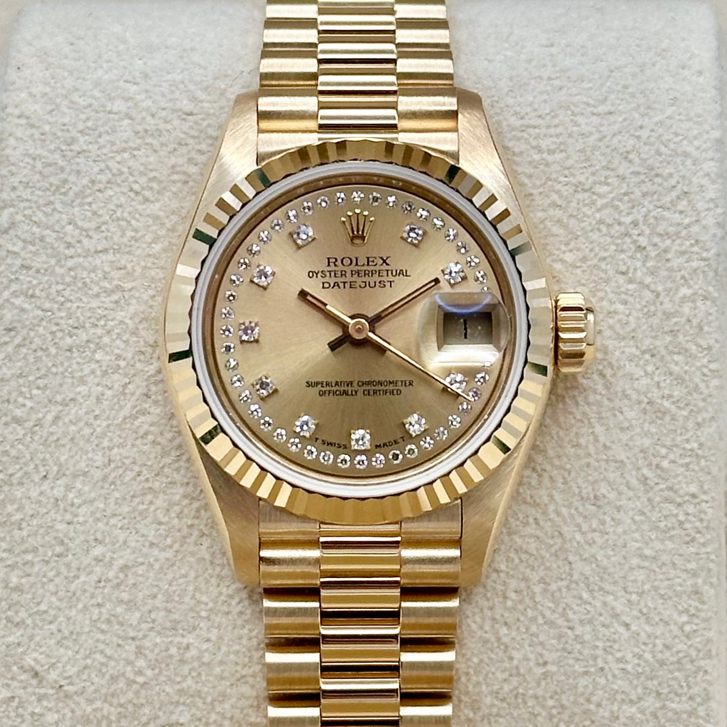 Lady-Datejust 26 Champagne String Diamond 18K Yellow Gold President Ref 69178