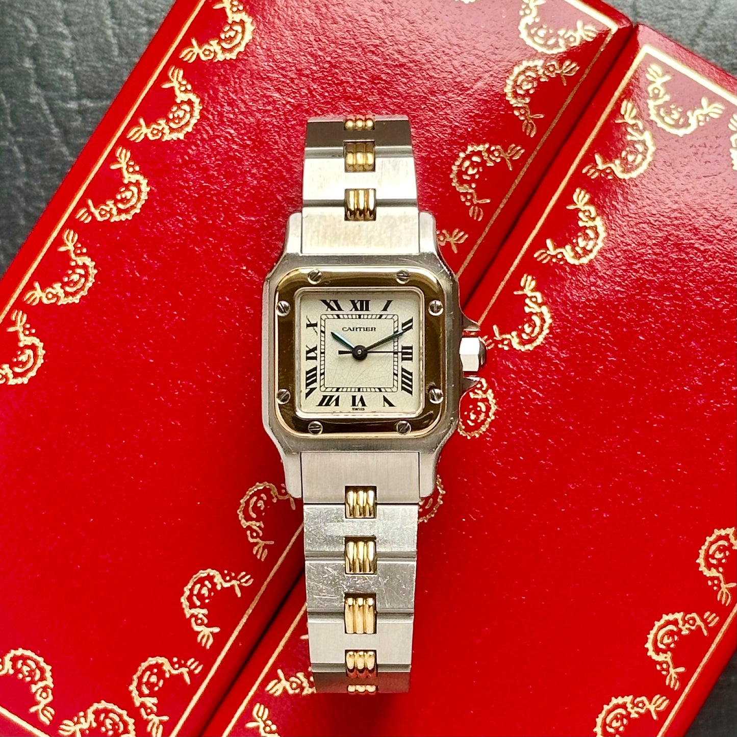 Santos Carrée Small 18K Yellow Gold White Romans Ref 0902 1990