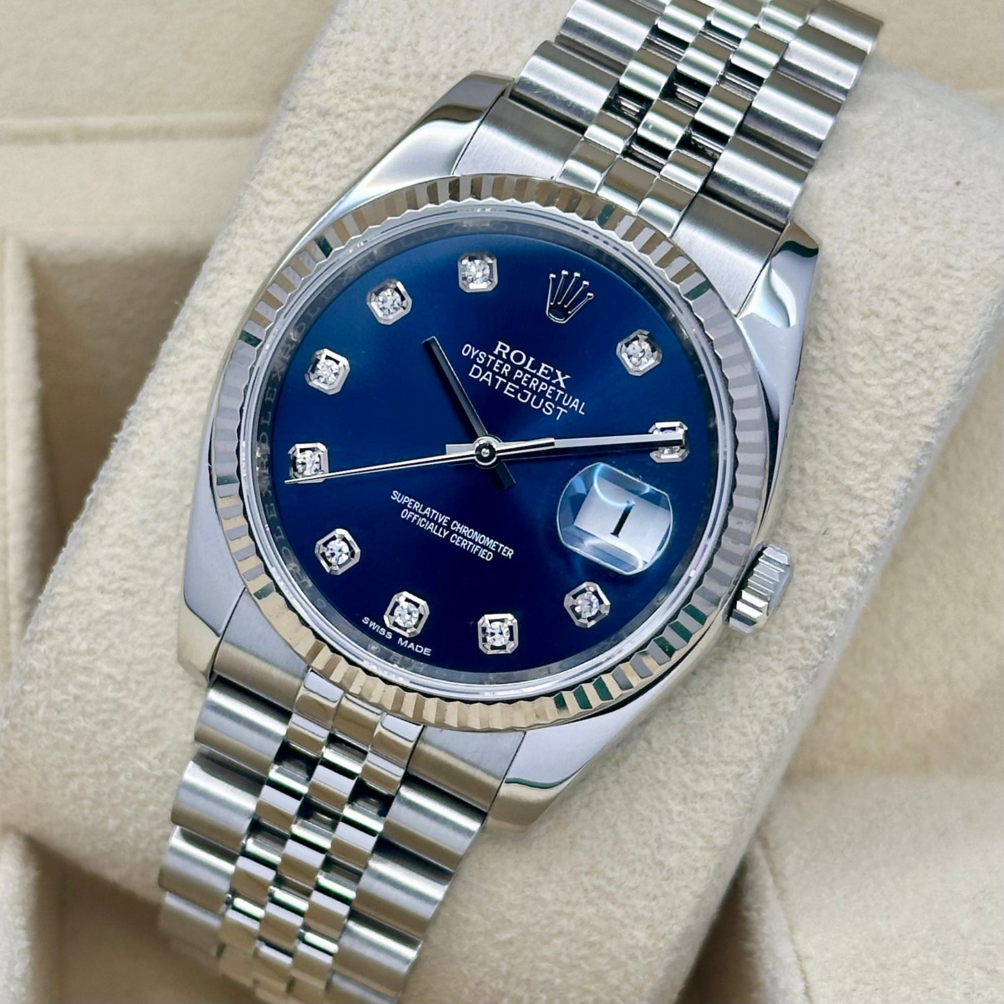 Datejust 36 Blue Diamond Dial Super Jubilee 18K White Gold Ref 116234 2016