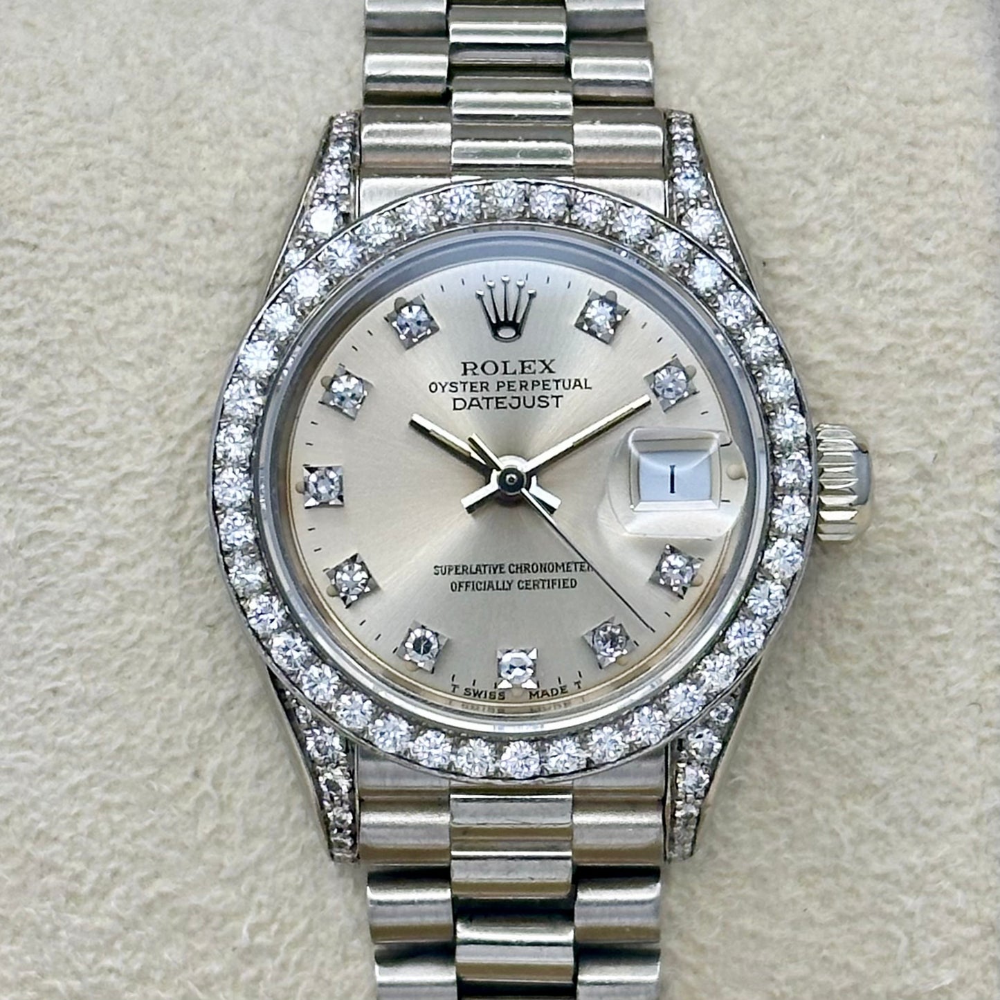Lady-Datejust 26 President 18K White Gold Silver Diamond Dial Factory Diamond Set Ref 69159G