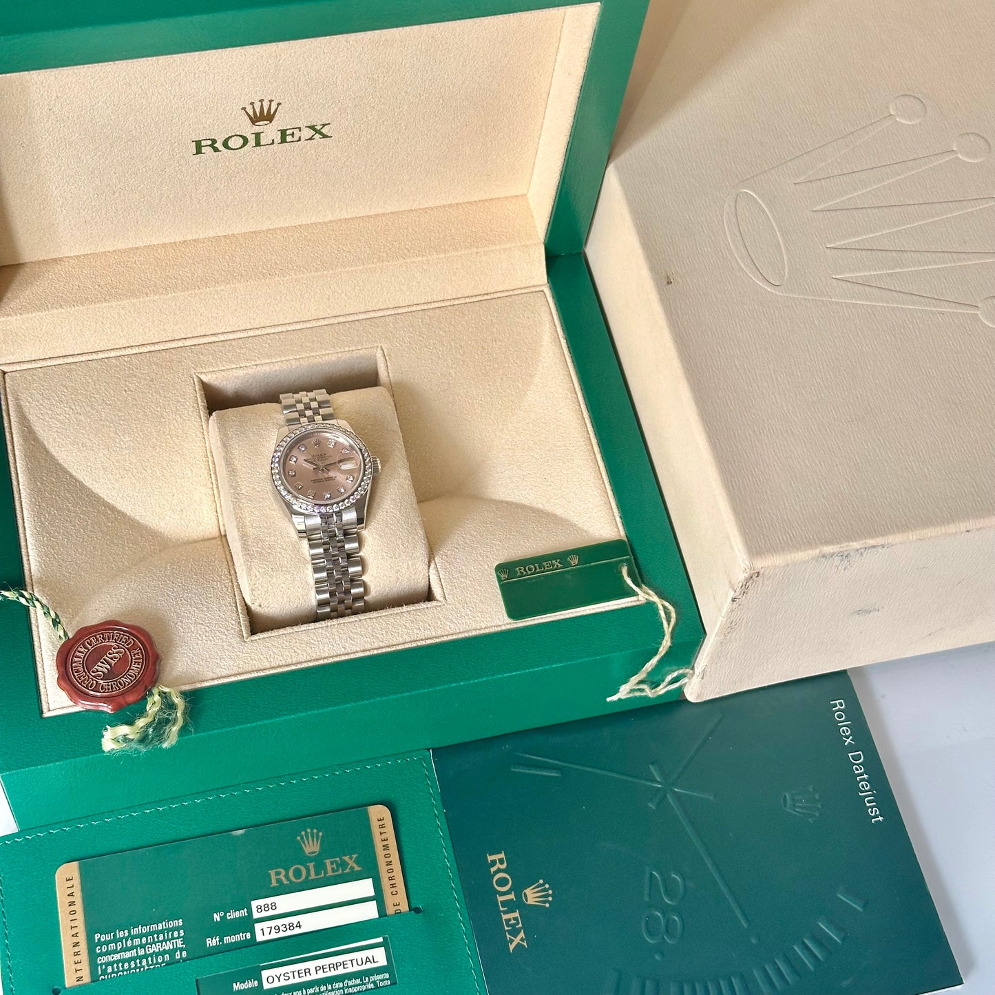 Lady-Datejust 26 Factory Diamond Bezel Sunburst Pink Diamond Dial Ref 179384 2015