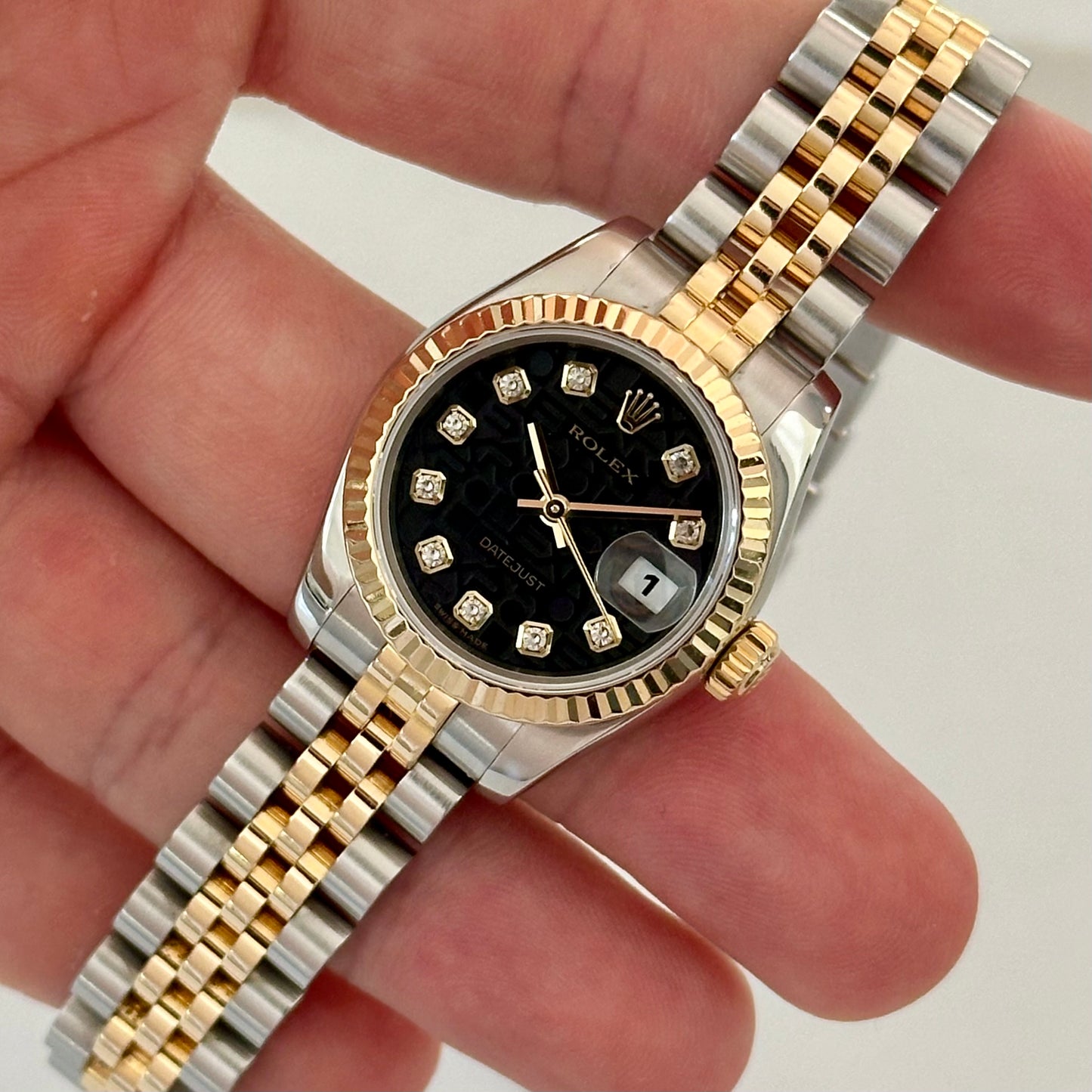 Lady-Datejust 26 Black Anniversary Diamond Dial 18K Yellow Gold Ref 179173