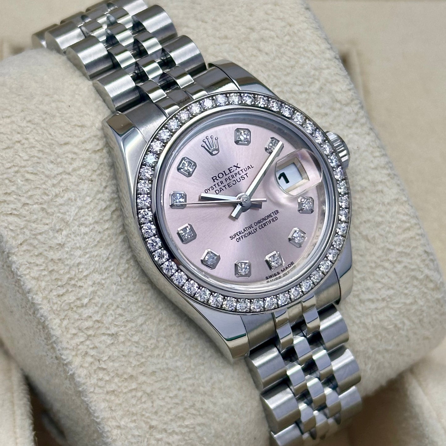 Lady-Datejust 26 Factory Diamond Bezel Sunburst Pink Diamond Dial Ref 179384 2015