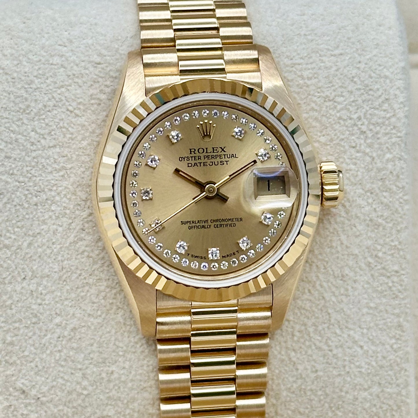 Lady-Datejust 26 Champagne String Diamond 18K Yellow Gold President Ref 69178