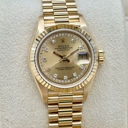 Lady-Datejust 26 Champagne String Diamond 18K Yellow Gold President Ref 69178