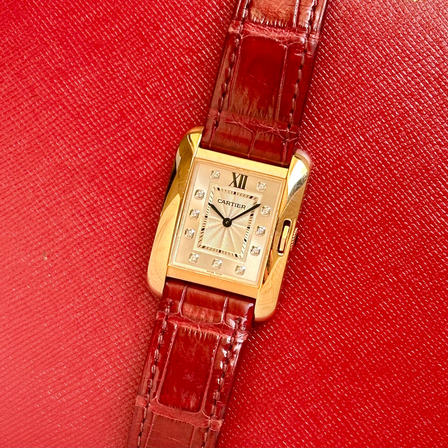 Tank Anglaise 18K Rose Gold Silver Guilloché Diamond Dial Ref WJTA0007