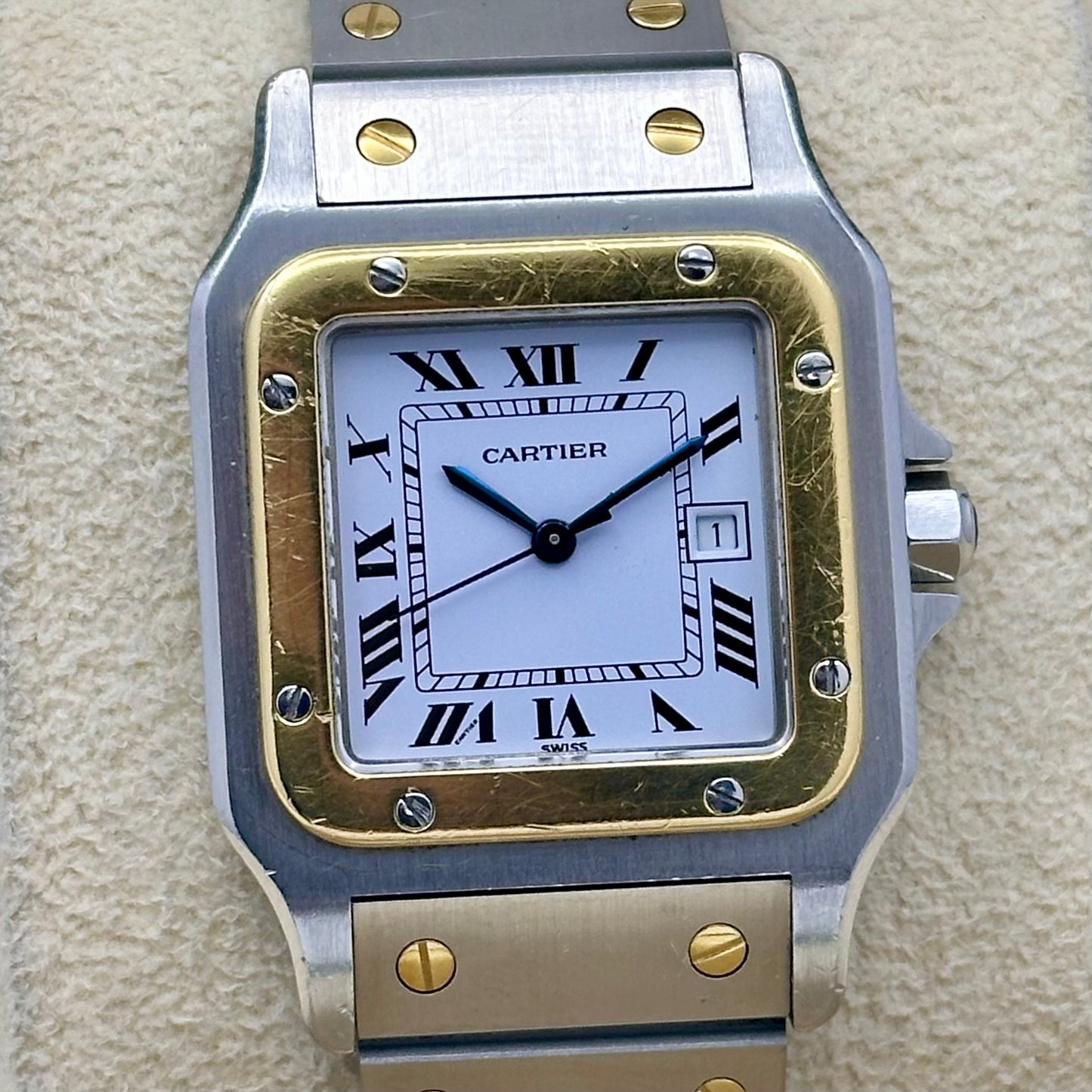 (ON HOLD) Santos Carrée Large White Romans 18K Yellow Gold Ref 2961 1986