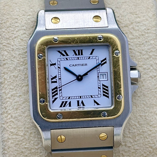 (ON HOLD) Santos Carrée Large White Romans 18K Yellow Gold Ref 2961 1986