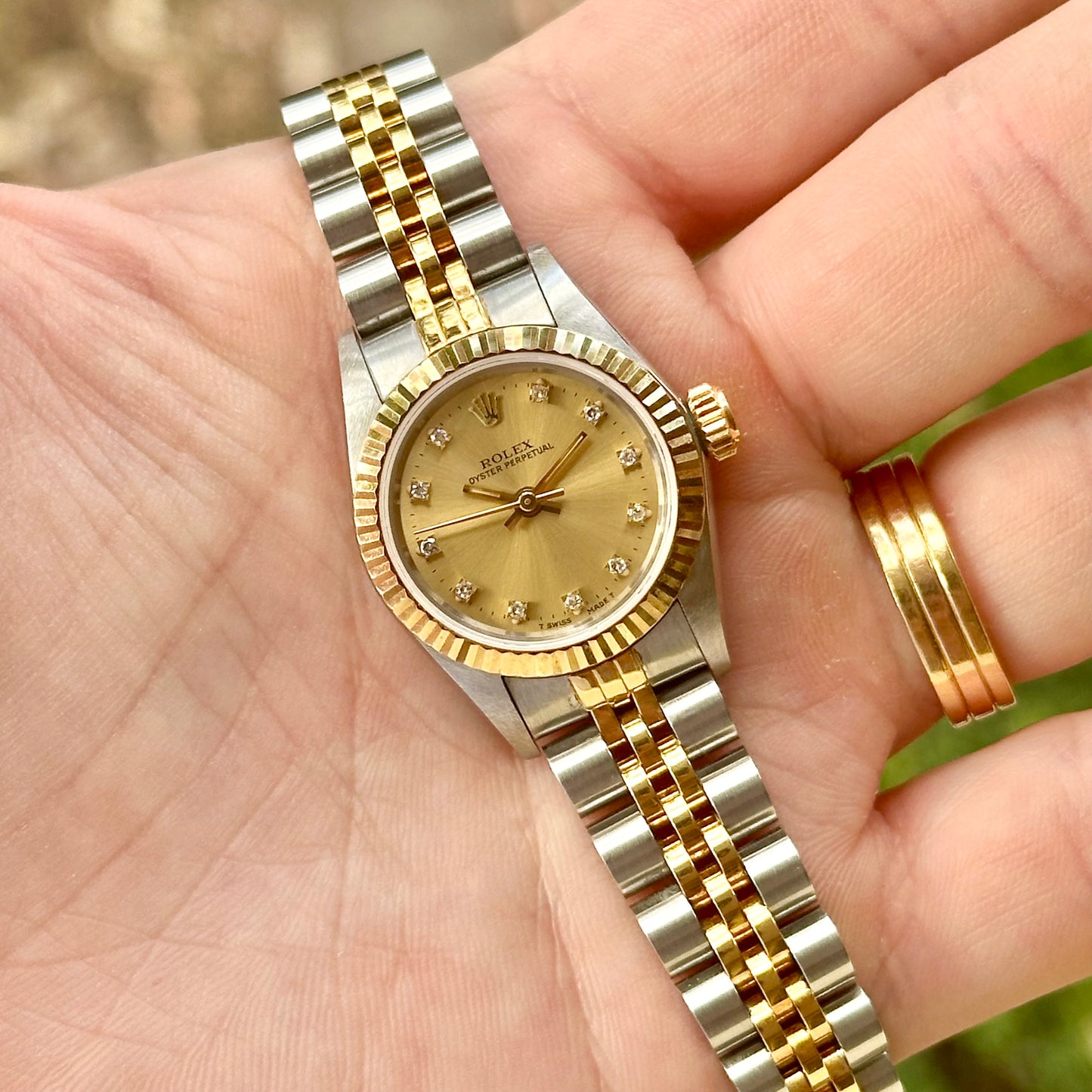 Oyster Perpetual 26 Champagne Diamond Dial 18K Yellow Gold Ref 67193 1991