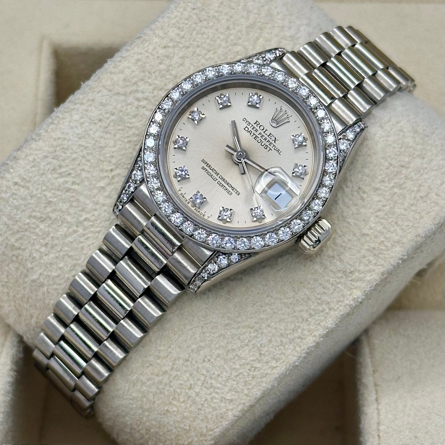 Lady-Datejust 26 President 18K White Gold Silver Diamond Dial Factory Diamond Set Ref 69159G