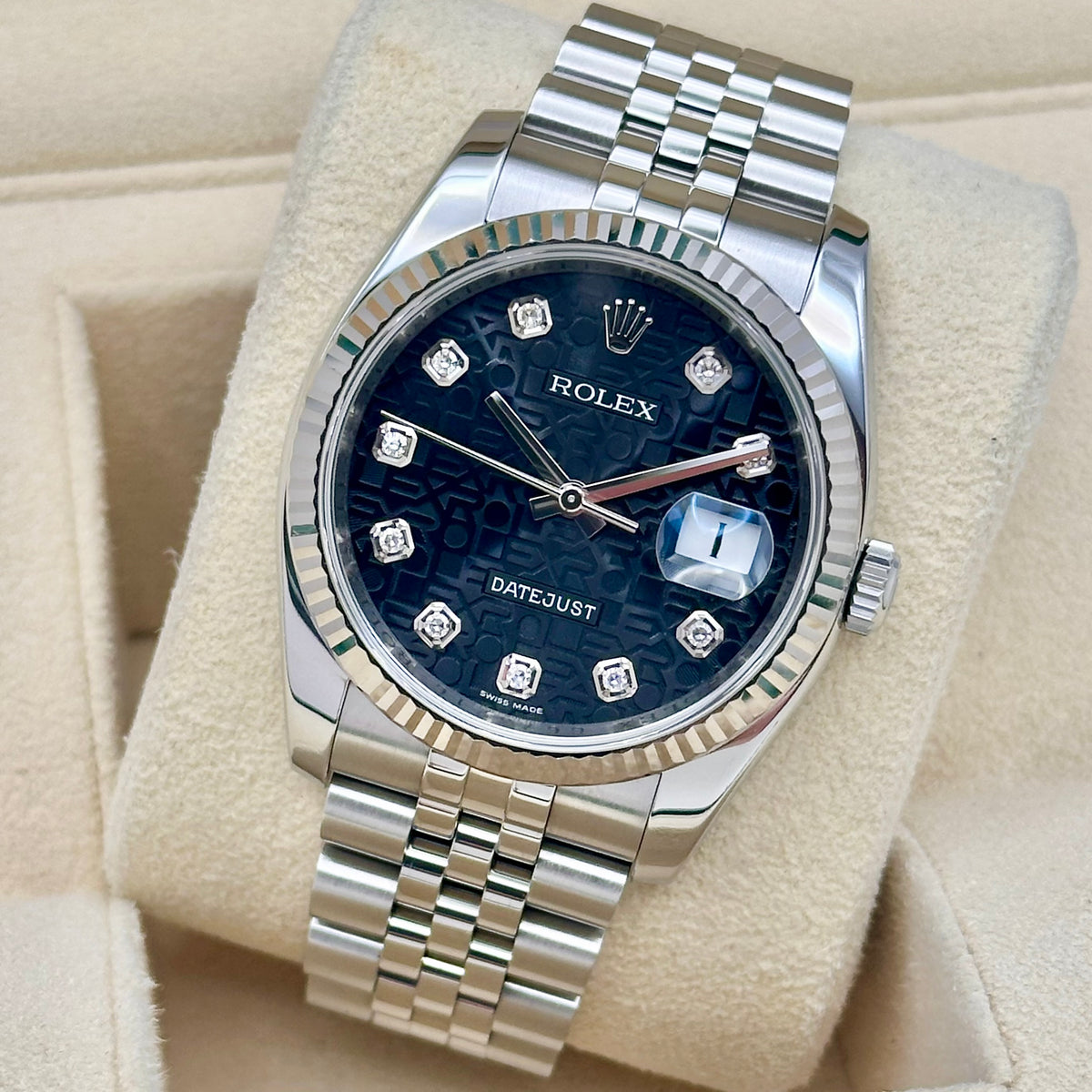 Datejust 36 Black Anniversary Diamond Dial Super Jubilee 18K White Gold Ref 116234 2012