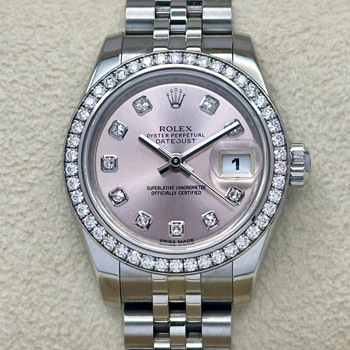 Lady-Datejust 26 Factory Diamond Bezel Sunburst Pink Diamond Dial Ref 179384 2015