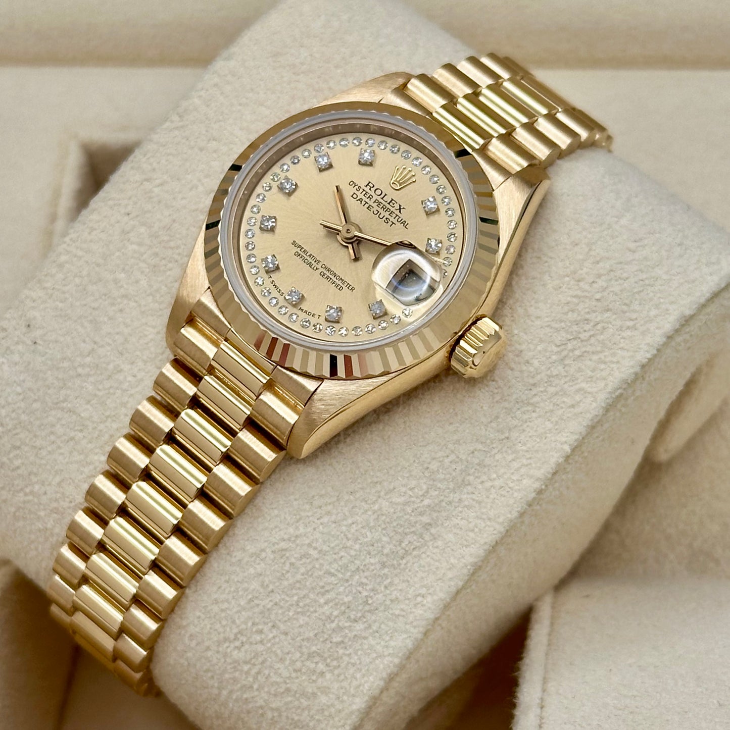 Lady-Datejust 26 Champagne String Diamond 18K Yellow Gold President Ref 69178