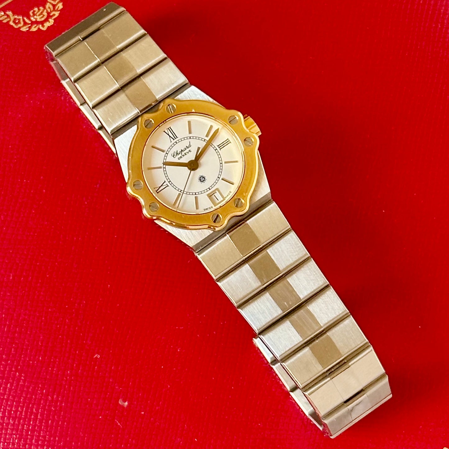 St. Mortiz Small White Romans 18K Yellow Gold Bezel Ref 8024