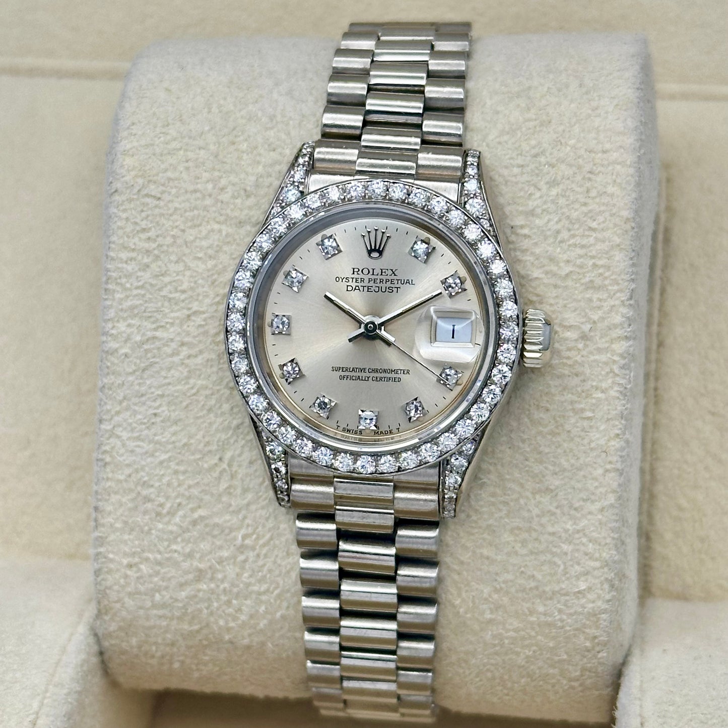 Lady-Datejust 26 President 18K White Gold Silver Diamond Dial Factory Diamond Set Ref 69159G
