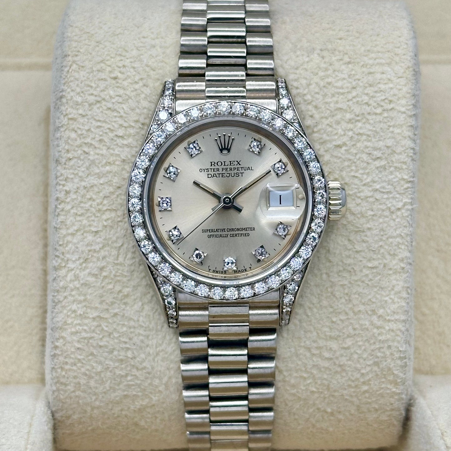 Lady-Datejust 26 President 18K White Gold Silver Diamond Dial Factory Diamond Set Ref 69159G