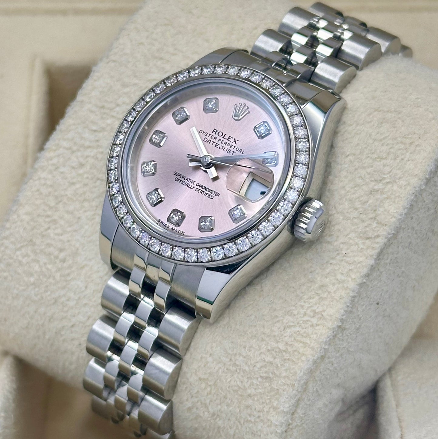 Lady-Datejust 26 Factory Diamond Bezel Sunburst Pink Diamond Dial Ref 179384 2015